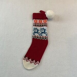 Vintage 1982 Hallmark Christmas Stocking Knitted Reindeer Red Blue Pom Pom